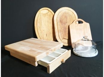 Lot Of Cutting Boards, Charcuterie Boards/butcher Block And Glass Dome Cheese Plate