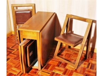 Mid Century Circa 1970s US Furniture Drop Leaf Walnut Table With Four Hideaway Chairs