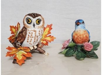 Pair Of Lenox Bisque Porcelain Bird Figurines -Eastern Bluebird & Saw Whet Owl