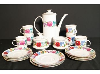 Vintage Kalocsa Hungary Hand Painted Coffee Set Includes Coffee Pot, Mugs, Saucers, Creamer & Sugar Bowl #0098