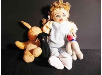 Lot Of Used Plush Toys Including Stuffed Rabbit, Black Sheep, White Lamb And Homemade Rag Doll