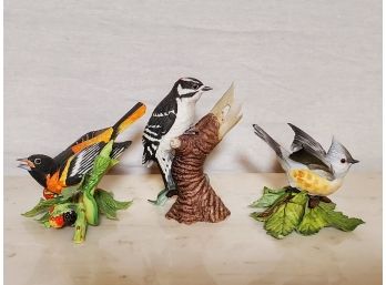 Three Lenox Bisque Porcelain Bird Figurines-Tufted Titmouse, Downy Woodpecker & Baltimore Oriole