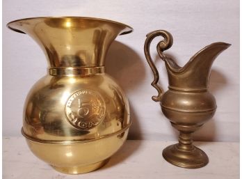 Vintage Brass Reproduction Spittoon & Large Heavy Solid Brass Pitcher