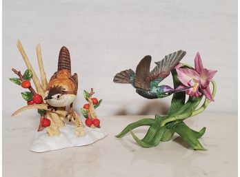 Pair Of Lenox Bisque Porcelain Bird Figurines - Marsh Wren & Magnificent Hummingbird