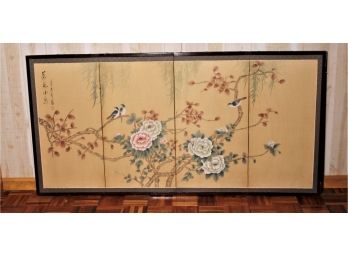 Beautiful Vintage Signed Hand Painted Floral And Birds Four Panel Asian Wall Art