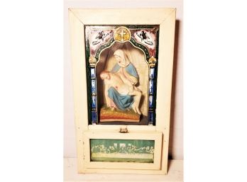 Antique Catholic Pieta Last Rites Shadowbox Alter Wood & Glass Cabinet With Chalkware Mary & Jesus