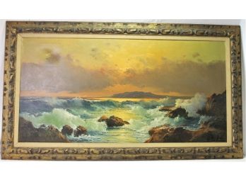 Vintage Oil Painting On Canvas Ocean Scenery In Carved Wood Frame