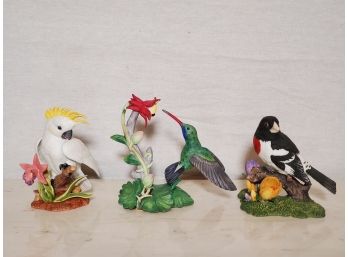 Three Lenox Bisque Porcelain Bird Figurines-Cockatoo, Broad Billed Hummingbird, Rose Breasted Grosbeak