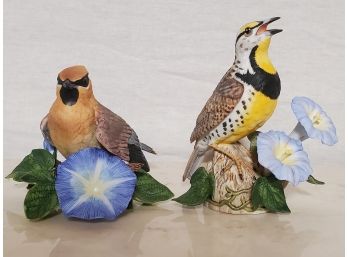 Pair Of Lenox Bisque Porcelain Bird Figurines - Western Meadowlark & Cedar Waxwing