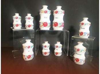 Vintage Nine Piece Kalocsa Hungary Hand Painted Lidded Spice Jar Set #0213