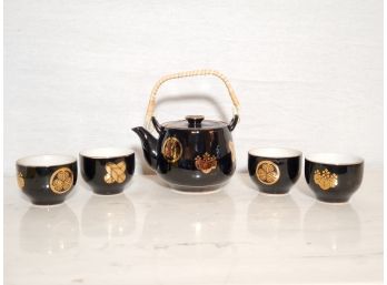 Vintage Made In Japan Black Porcelain With Gold Leaf Design Tea Set