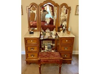 Thomasville Six Drawer Marble Top Vanity With Bench And Three Panel Beveled Glass Mirror