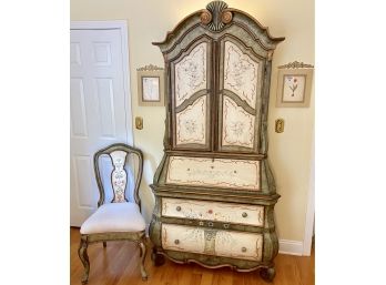 Hand Painted Two Drawer Secretary With Top Hutch And Matching Desk Chair