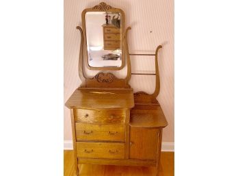 Antique Oak Lyre Form Chest Of Three Drawers With Beveled Glass Mirror