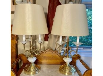 Two Triple Bulb Brass And Porcelain Horn Form Table Lamps