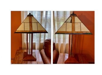 Two Stickley Mission Table Lamps With Prairie Style Stained Glass Shades