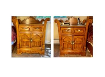 Two Thomasville Single Drawer Night Stands With Inset Marble Top Surfaces