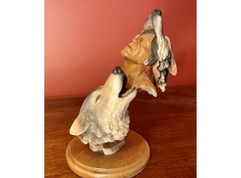 Signed Cast Resin Sculpture Titled 'Wolf Song' By Joe Slockbower