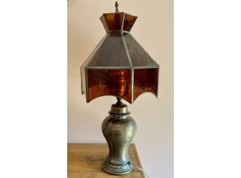 Small Table Lamp With Amber Tiffany Leaded Glass Shade