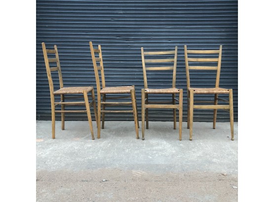 Set Of 4 Mid Century Wood And Woven Cane Seat Chairs Gio Ponti Style