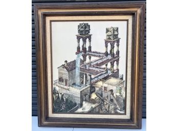 Vintage Framed MC Escher Carved Relief Artwork Of 'Aqueducts'