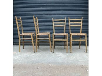 Set Of 4 Mid Century Wood And Woven Cane Seat Chairs Gio Ponti Style