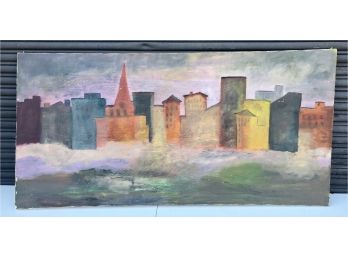 Mid Century Abstract Cityscape Oil On Canvas Signed