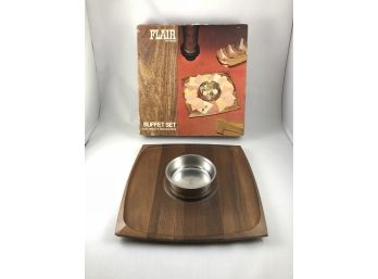 Mid Century Flair Walnut Serving Tray With Dip Bowl