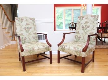 Pair Of  Traditional Mahogany And Floral Upholstered Arm Chairs