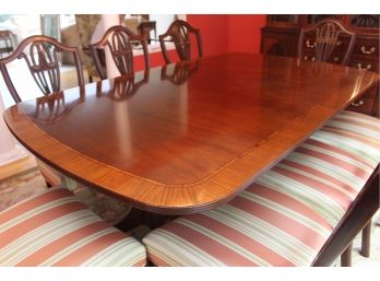 Baker Double Pedestal Historic Charleston Banded Mahogany Dining Table And Hepplewhite Sheildback Chairs