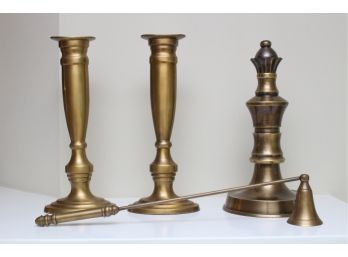 Lillian August Brass Candle Snuffer , Pair Of Candlesticks And A Finial