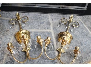 Pair Of French Torche Brass Three-Arm Sconces With Pendalogues