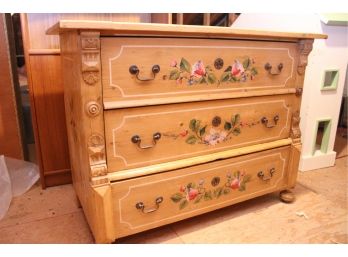 Vintage Hand-painted Three Drawer Chest With Carved Detailing