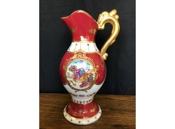 Antique Limoges France, Maroon Red Pitcher With 22K Gold Accents