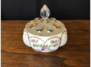 Fenton Glass Powder Jar, Charleton Roses, Handpainted, Initialed