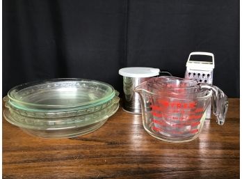 Baking Lot - 5 Pyrex Pie Plates, 3 Pyrex Measuring Cups, Sifter And Grater