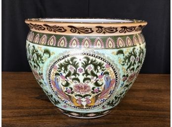 Oriental Fish Bowl Planter, New England Pottery, Green With Golden Pheasants - Gold Edging - 14