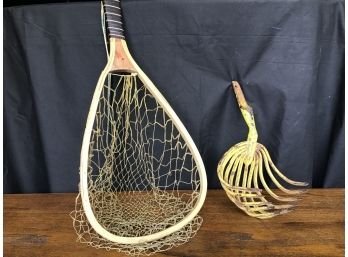 Antique Fishing Net And Clam Rake