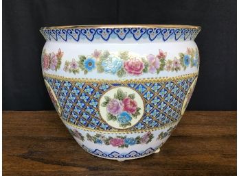 Oriental Fish Bowl Planter, New England Pottery, Pink/ Blue Floral With Gold Edging - 12