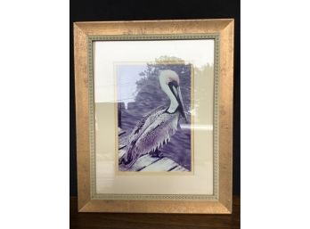 Handprinted Framed Photo Of Pelican, Signed Ray I Doan 13.5 X 16.5