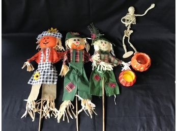 Halloween Lot - Scarecrows On Sticks, Jack O Lantern Tealight Holders, Rubber Skeleton