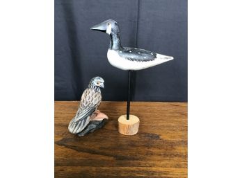 Duck Decoy On Stand And Bird Figurine