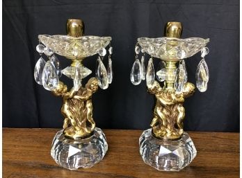 Antique Pair Of Brass And Glass Art Deco Cherub Candlesticks