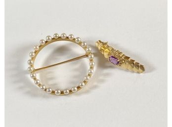 14K Yellow Gold Pearl Brooch Together With  A 14K Gold Diamond And  Amethyst Art Deco Pin