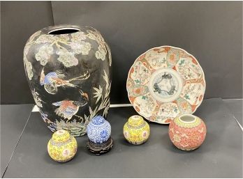 Asian  Porcelain Including An Imari Dish And A Chinese Blue White Kangxi Style Jar