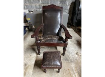 Large Wooden Chair With Leather Upholstery