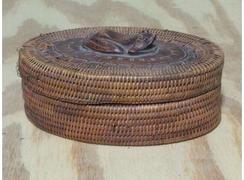 Wood And Wicker Weave Basket With Carved Frog Decoration