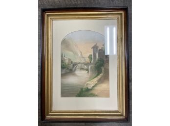 Large Framed Original Art Circa 1978 French Landscape In A Deluxe Wood Frame