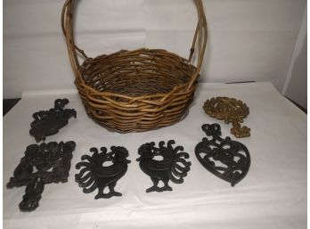 6 Vintage Cast Iron Trivets Of Various Makes And Styles, Vines, Birds, & Hearts Decoration