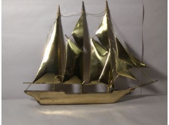 Brass Sailing Ship Model With Sails And Ropes Separate From Base Of Model, Joined Together Realistically